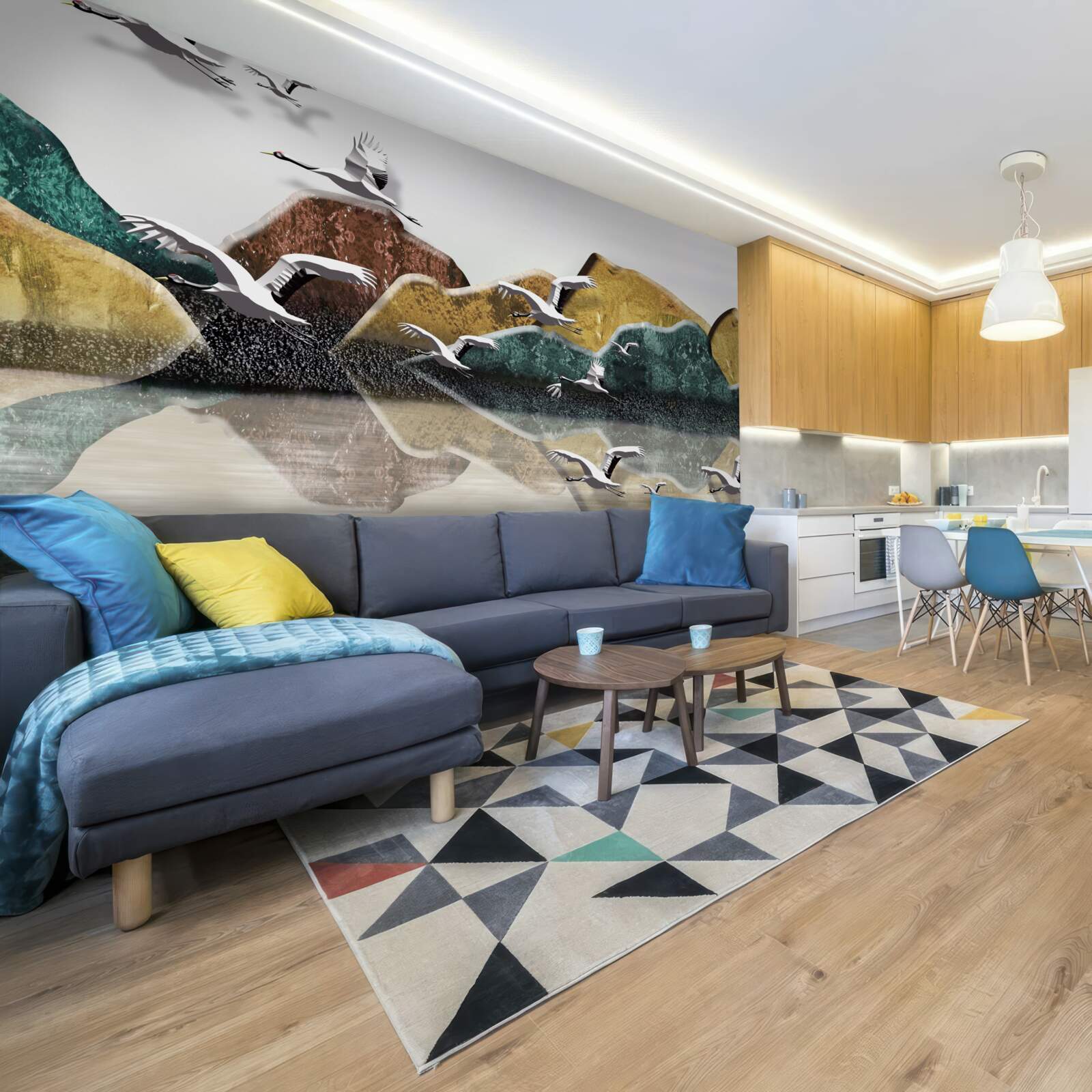 Fototapeta spokojne jezioro w górach i ptakach