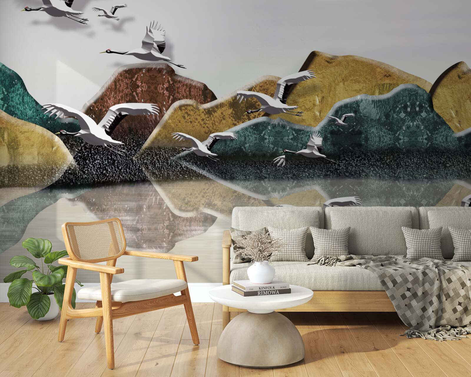 Fototapeta spokojne jezioro w górach i ptakach