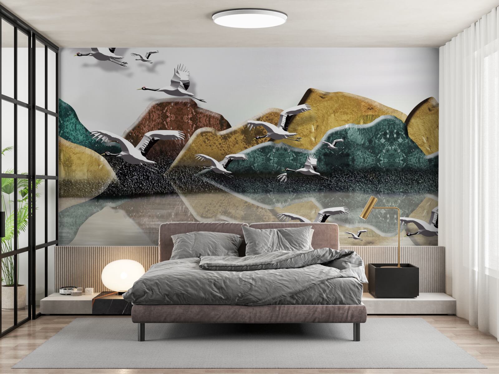 Fototapeta spokojne jezioro w górach i ptakach