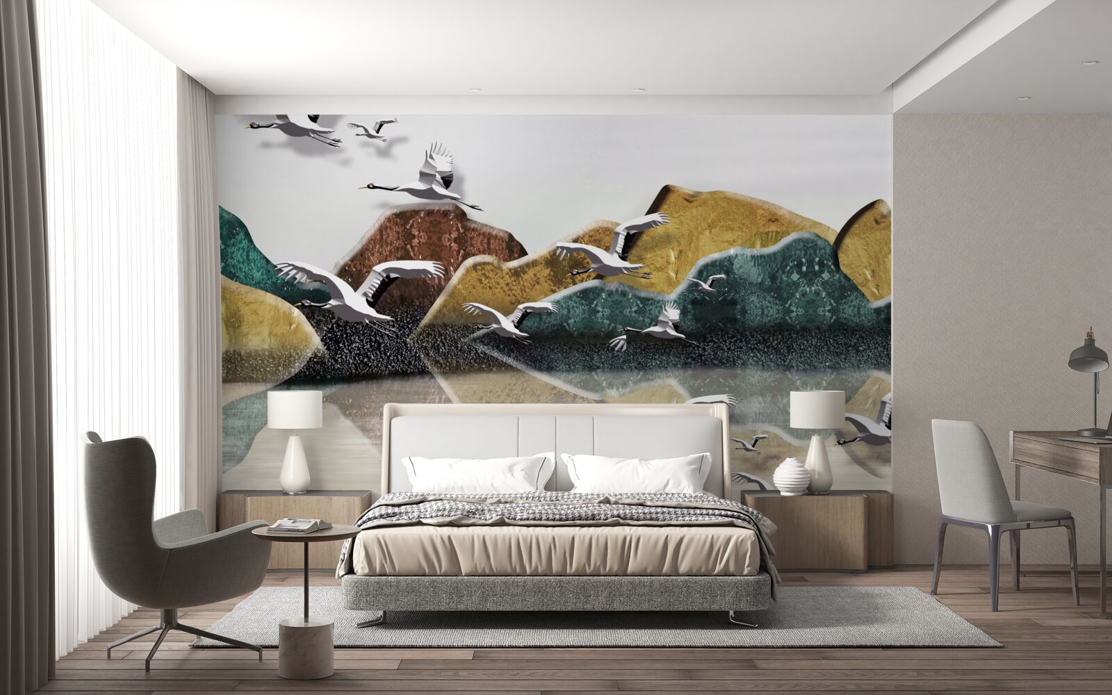 Fototapeta spokojne jezioro w górach i ptakach