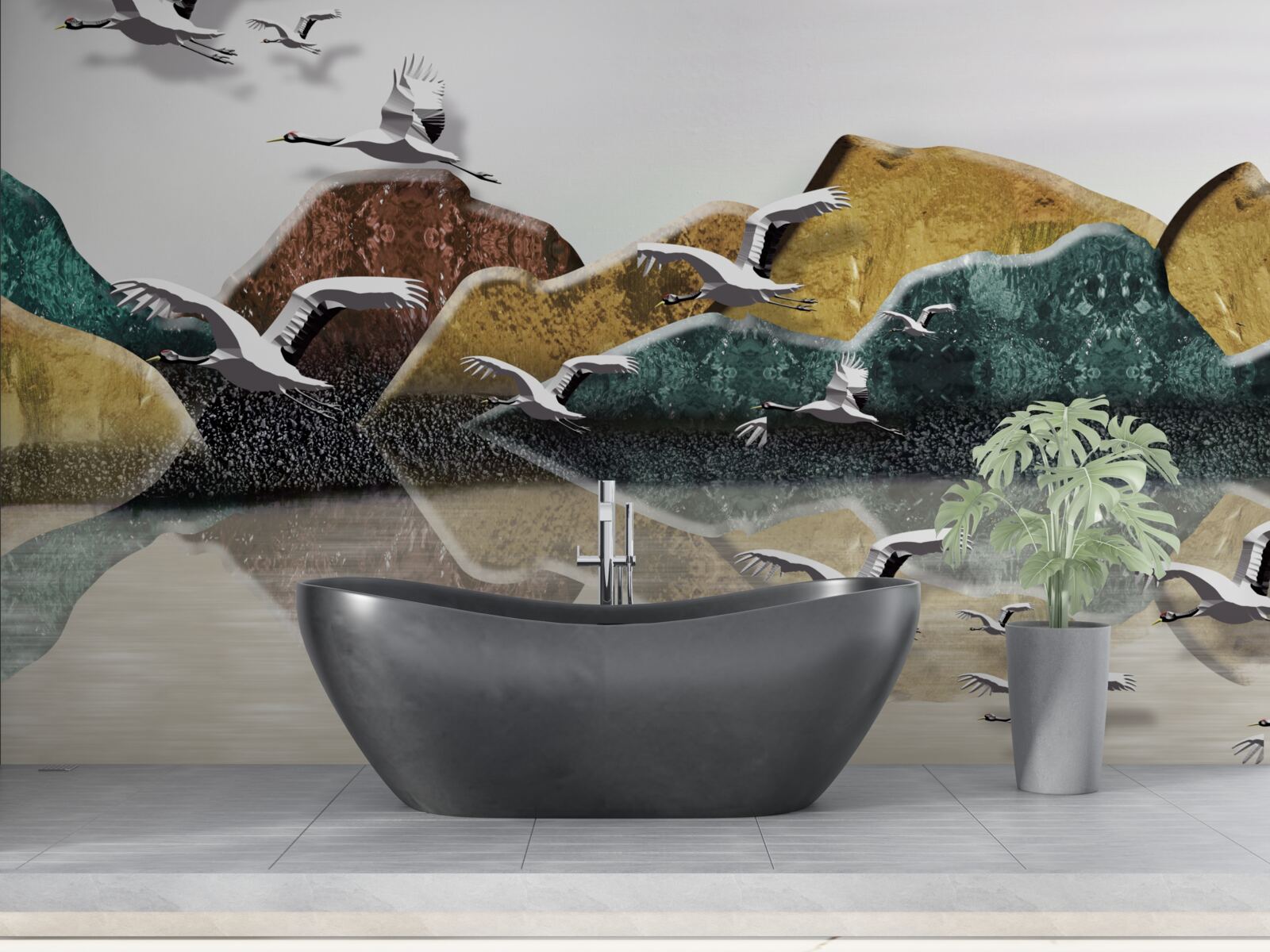 Fototapeta spokojne jezioro w górach i ptakach