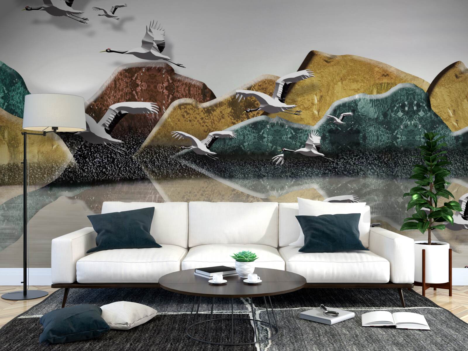 Fototapeta spokojne jezioro w górach i ptakach