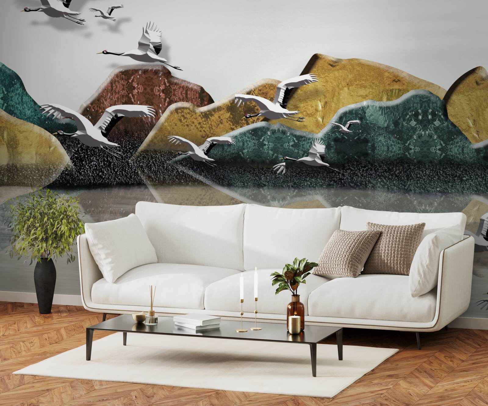 Fototapeta spokojne jezioro w górach i ptakach