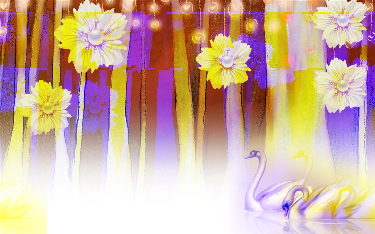 Fototapeta kwiaty łabędziobiałe i łabędzie unoszące się na wodzie