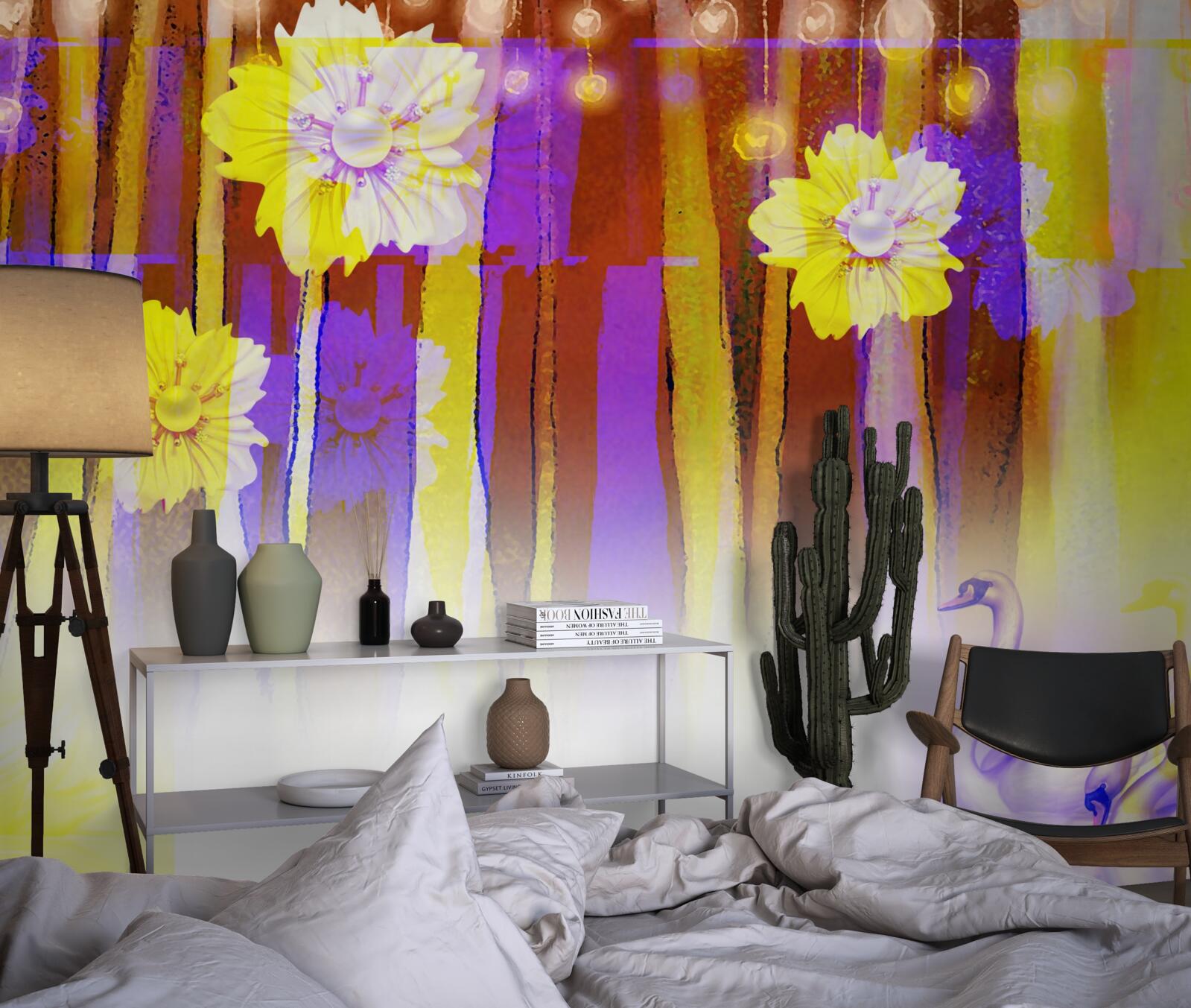 Fototapeta kwiaty łabędziobiałe i łabędzie unoszące się na wodzie