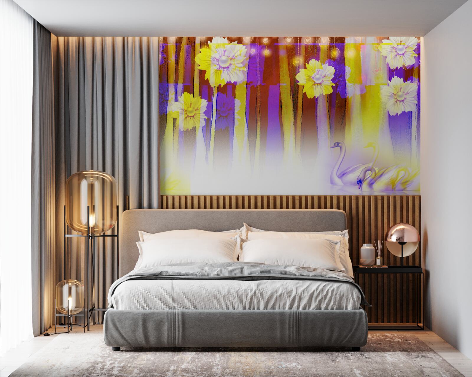 Fototapeta kwiaty łabędziobiałe i łabędzie unoszące się na wodzie