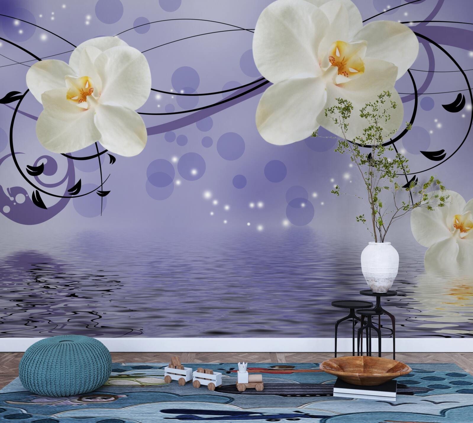 Fototapeta nad stawem znajdują się duże śnieżnobiałe kwiaty