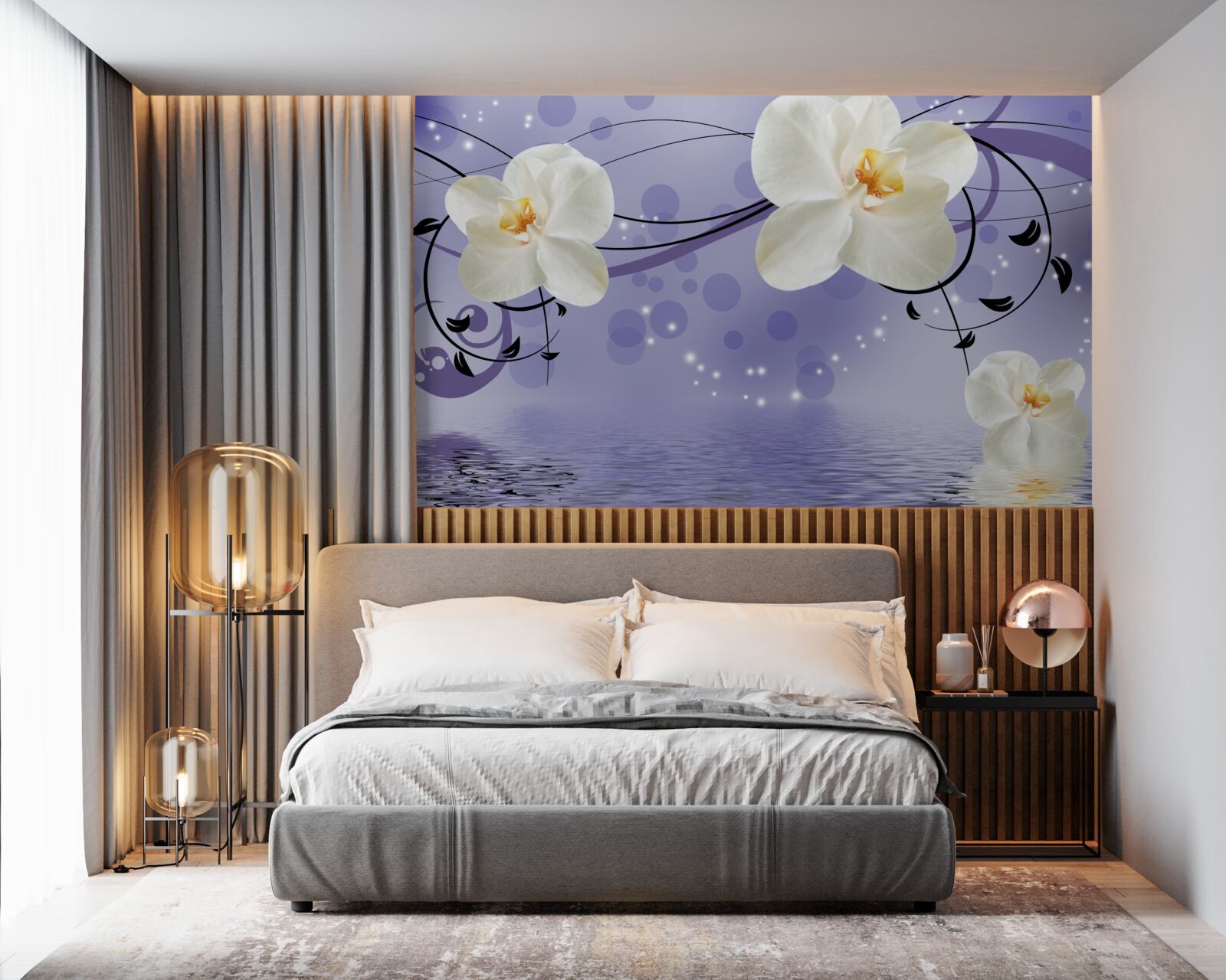 Fototapeta nad stawem znajdują się duże śnieżnobiałe kwiaty