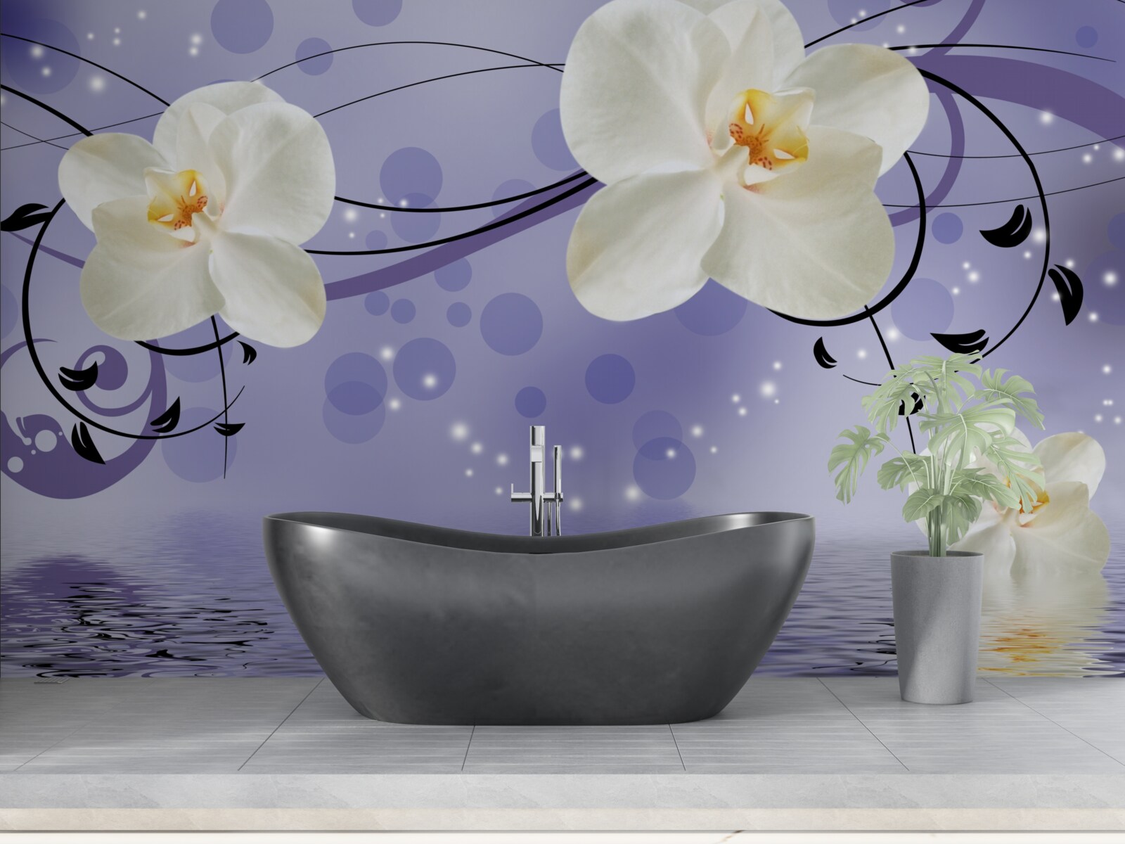 Fototapeta nad stawem znajdują się duże śnieżnobiałe kwiaty