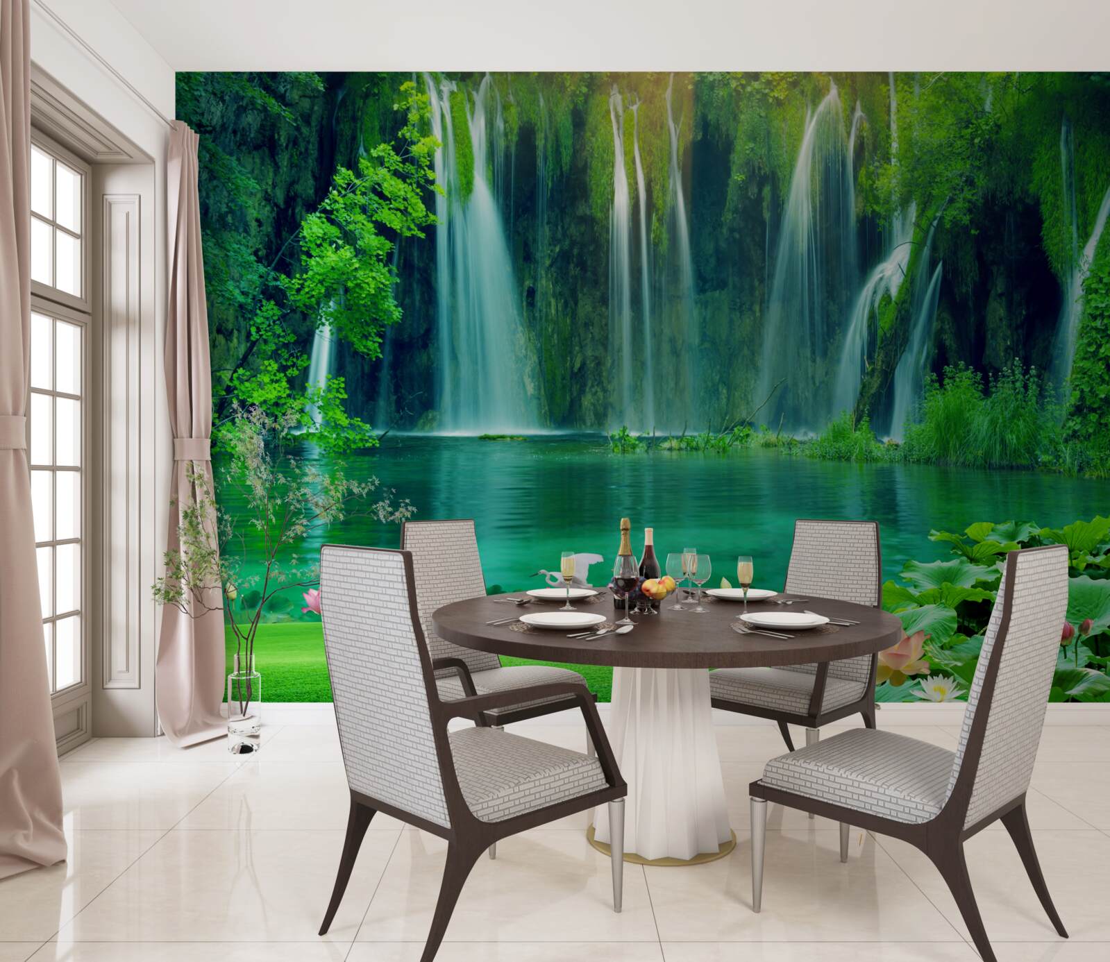 Fototapeta wodospady wpadające do krystalicznie czystego jeziora