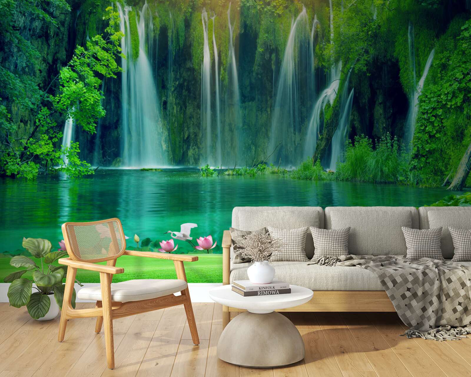 Fototapeta wodospady wpadające do krystalicznie czystego jeziora