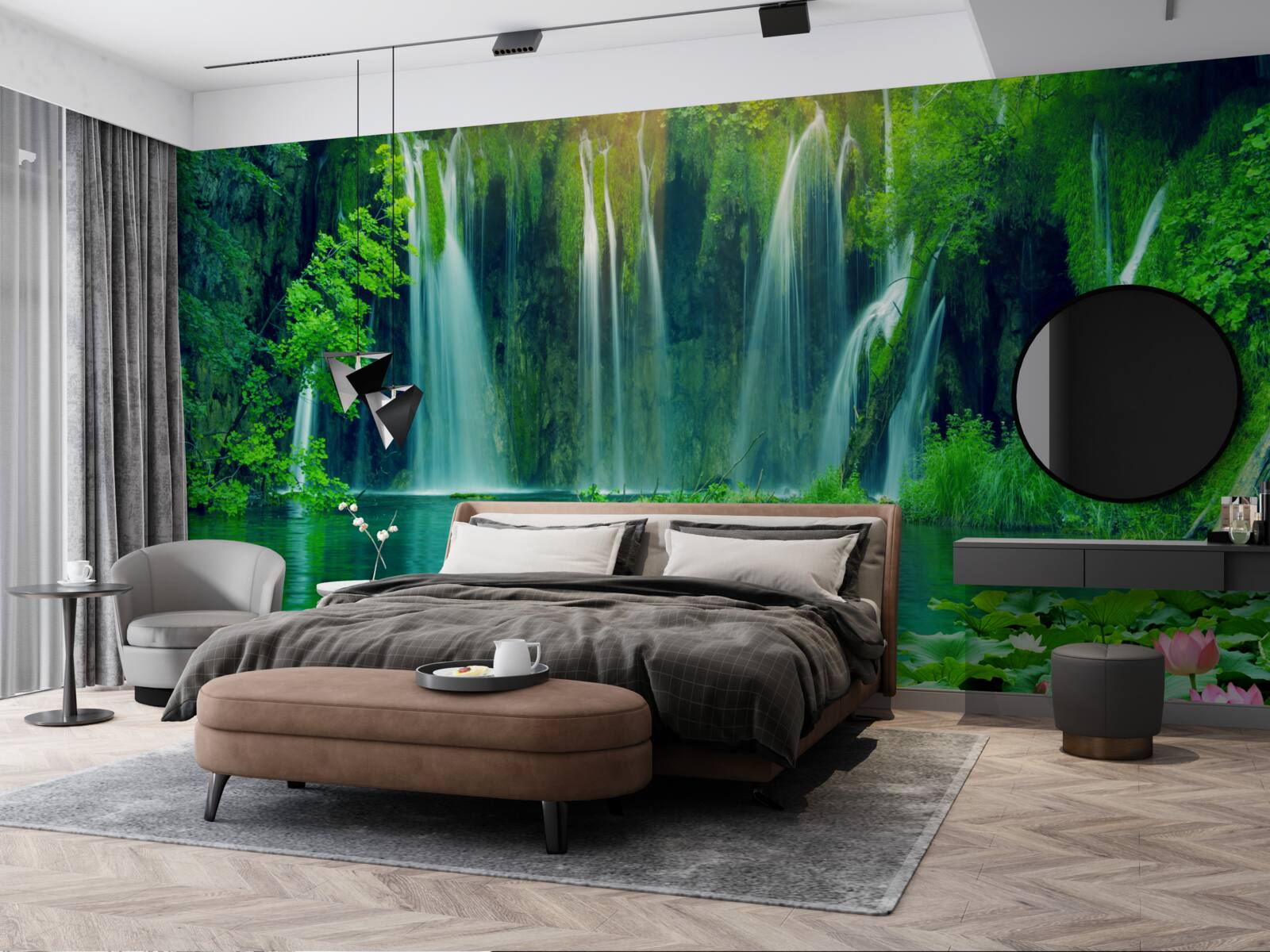 Fototapeta wodospady wpadające do krystalicznie czystego jeziora