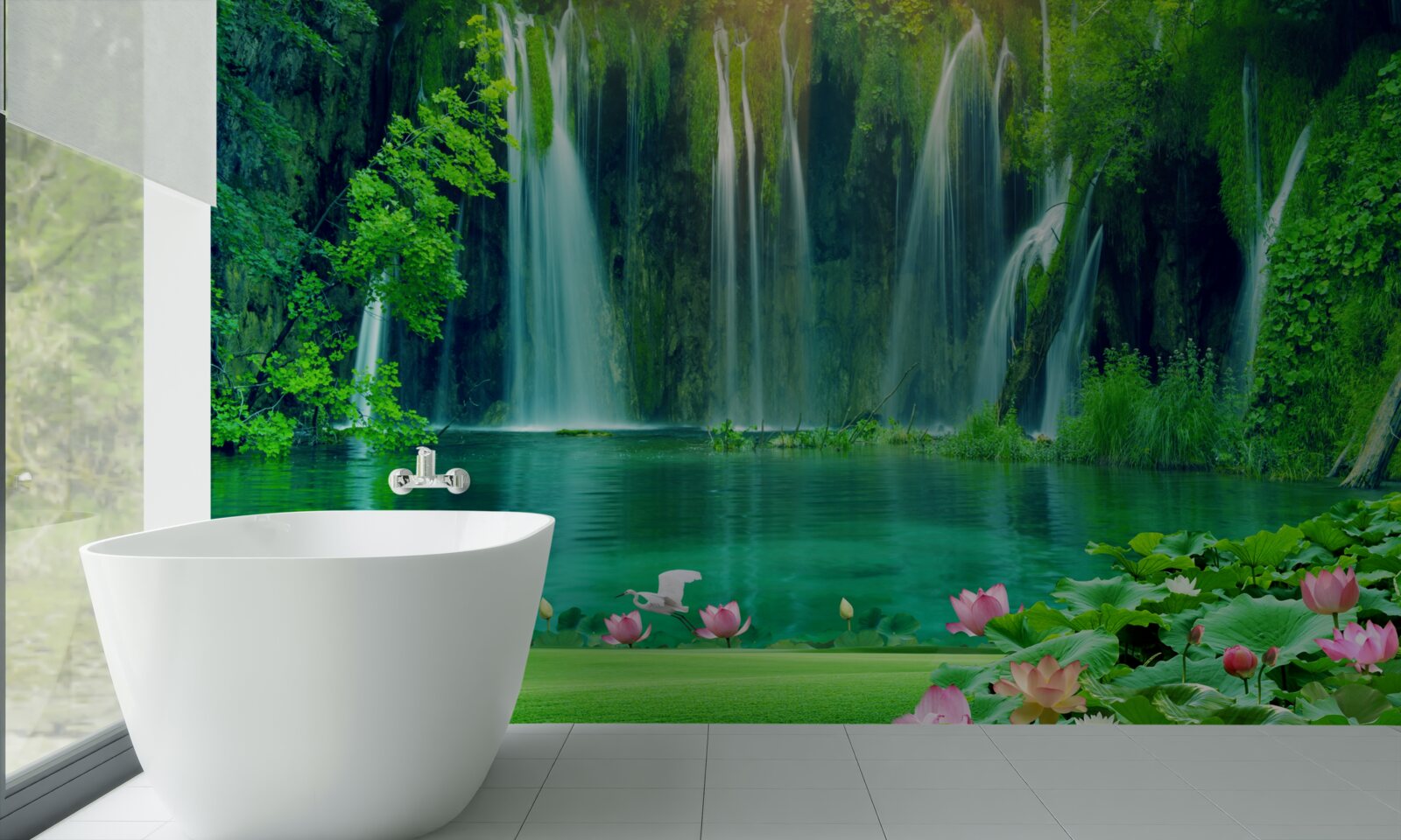 Fototapeta wodospady wpadające do krystalicznie czystego jeziora