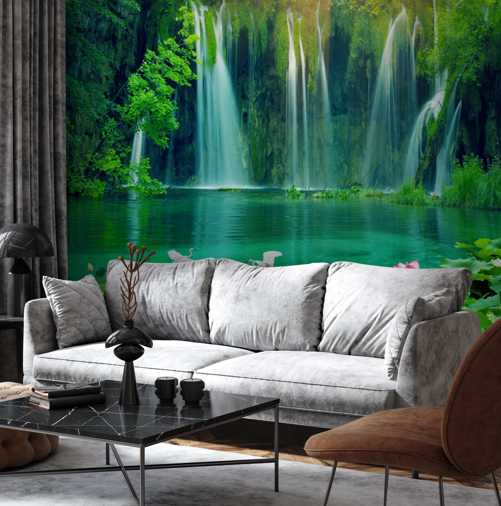 Fototapeta wodospady wpadające do krystalicznie czystego jeziora