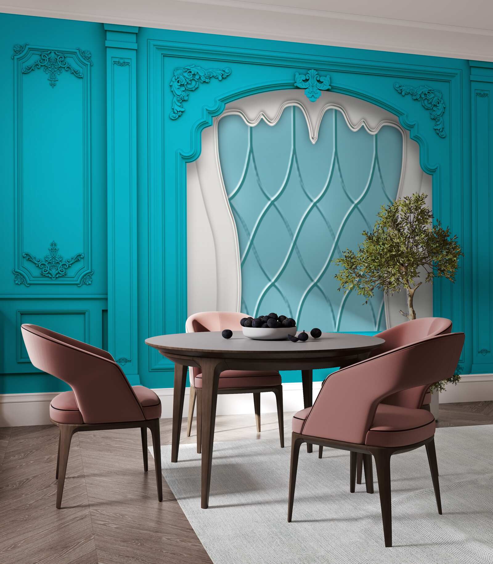 Fototapeta okno z niebieskim witrażem