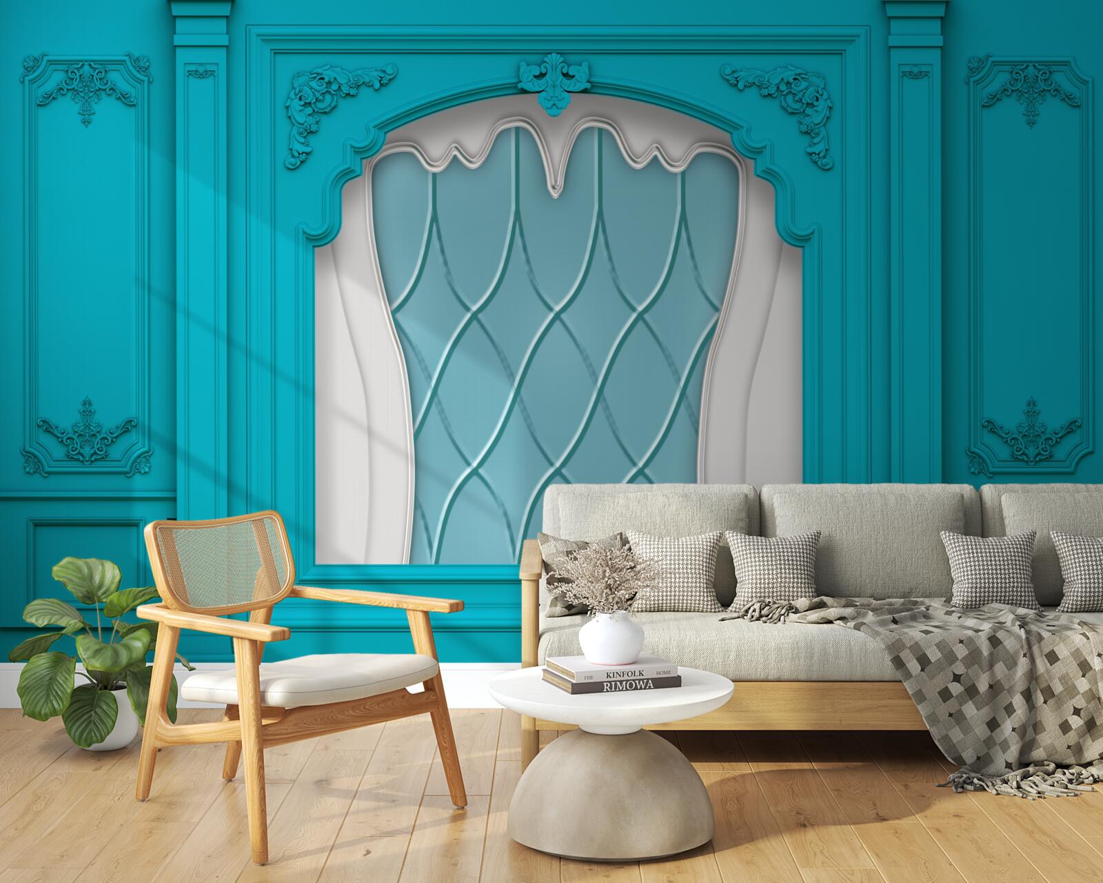 Fototapeta okno z niebieskim witrażem