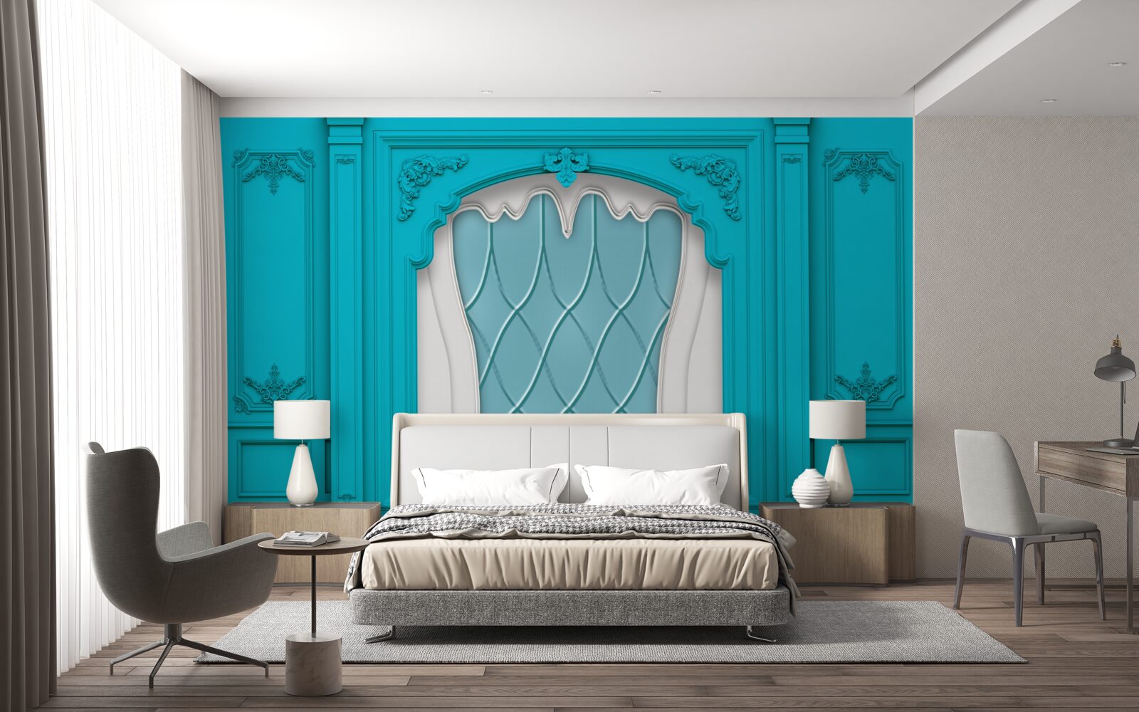 Fototapeta okno z niebieskim witrażem