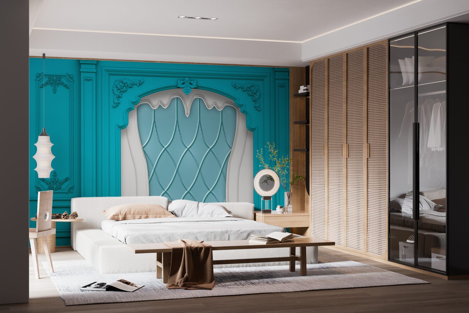 Fototapeta okno z niebieskim witrażem