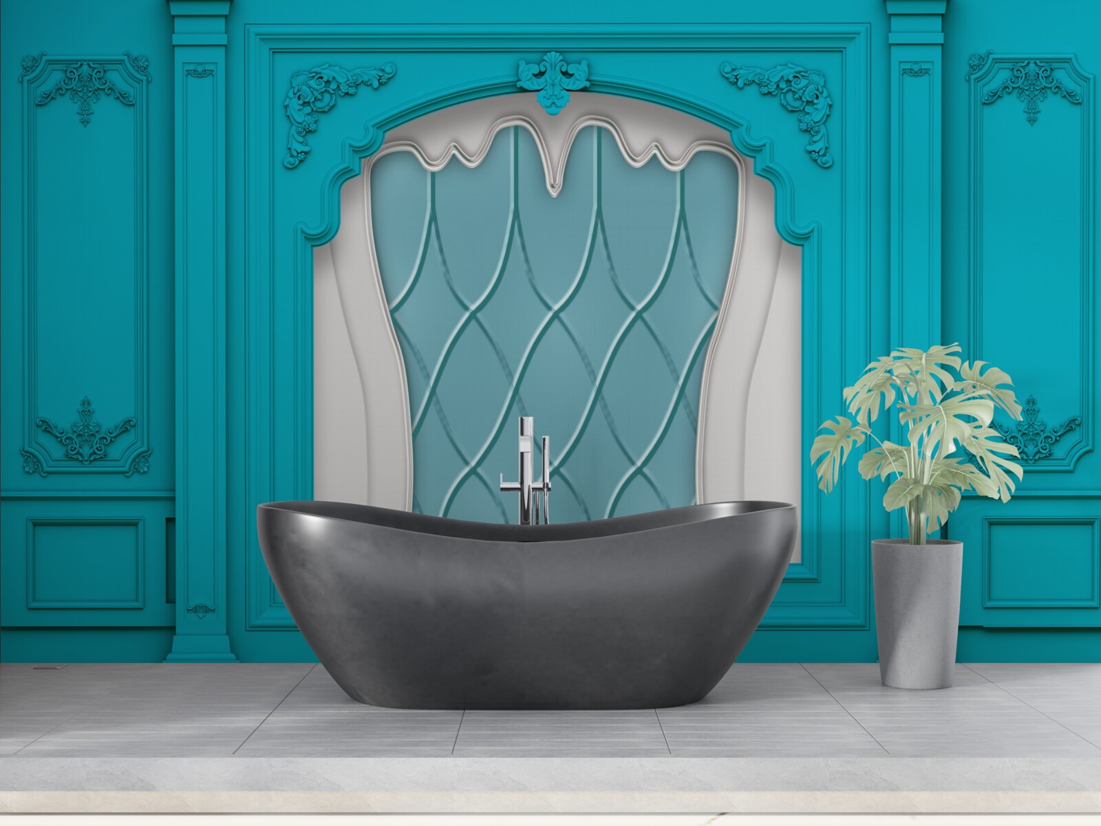 Fototapeta okno z niebieskim witrażem