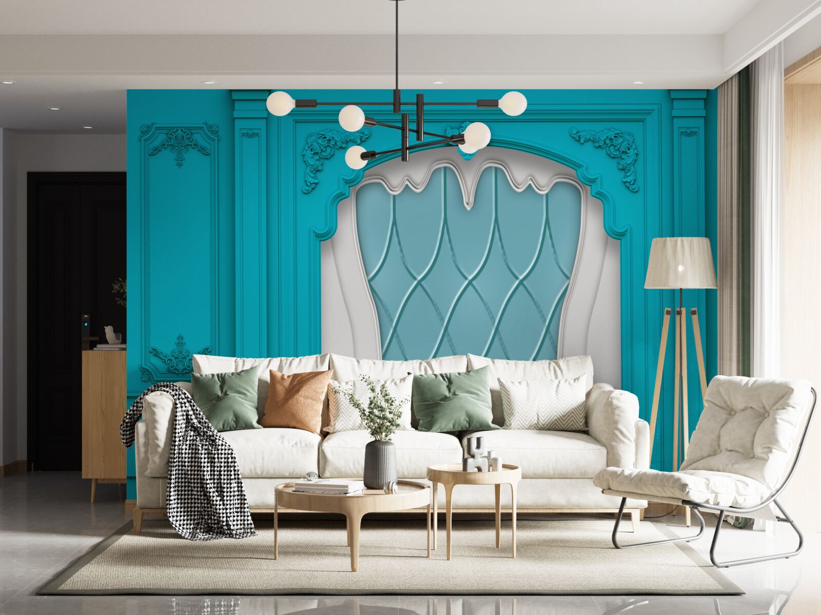 Fototapeta okno z niebieskim witrażem