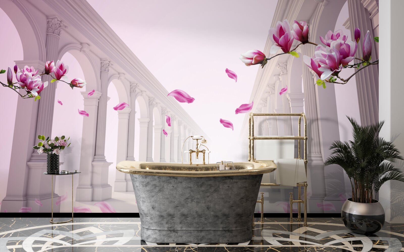 Fototapeta magnolie tworzą niekończący się tunel, kwitnący przepychem