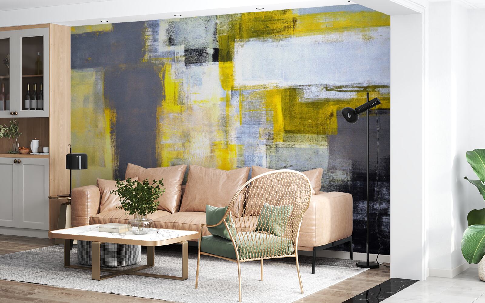 Fototapeta abstrakcyjny obraz w odcieniach żółto-szarych, wykonany farbami