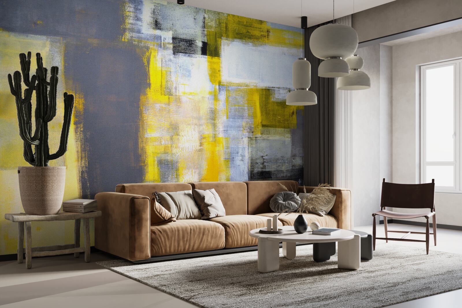 Fototapeta abstrakcyjny obraz w odcieniach żółto-szarych, wykonany farbami