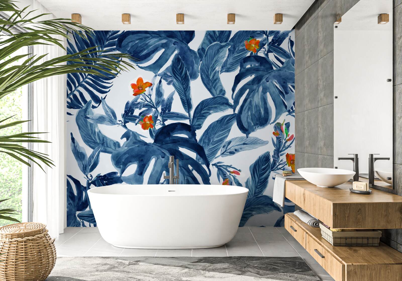 Fototapeta lilia brzoskwiniowa i niebieska paproć