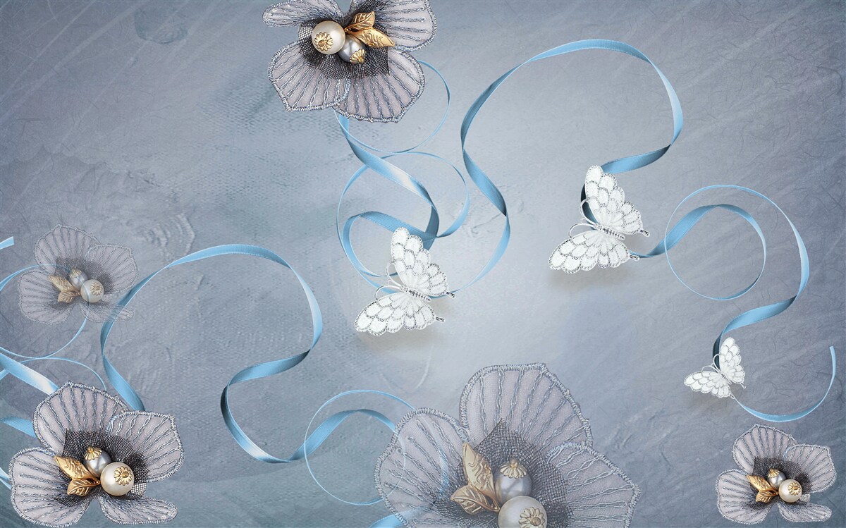 Fototapeta Śnieżnobiałe motyle i kwiaty ozdobione perłami