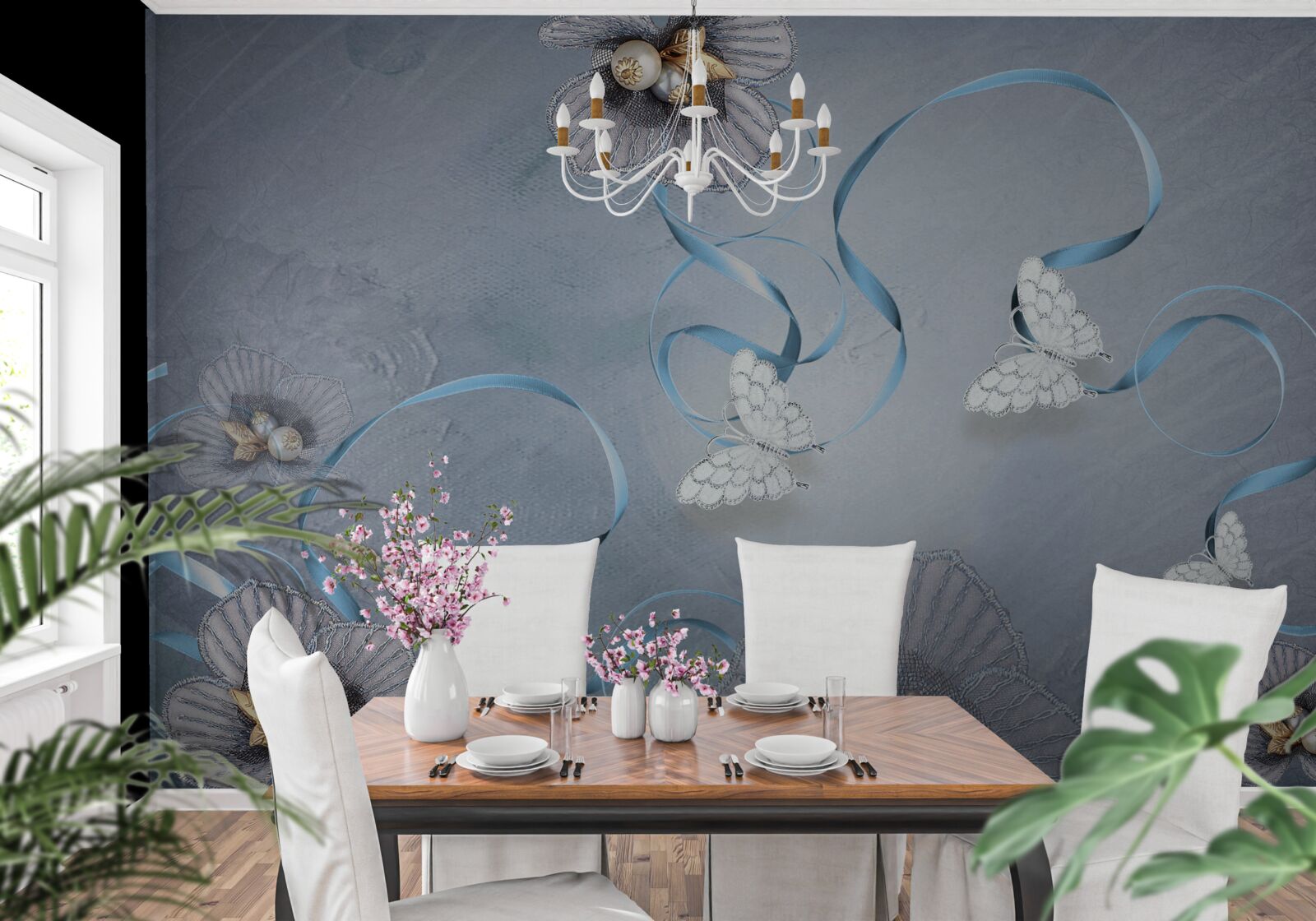 Fototapeta Śnieżnobiałe motyle i kwiaty ozdobione perłami