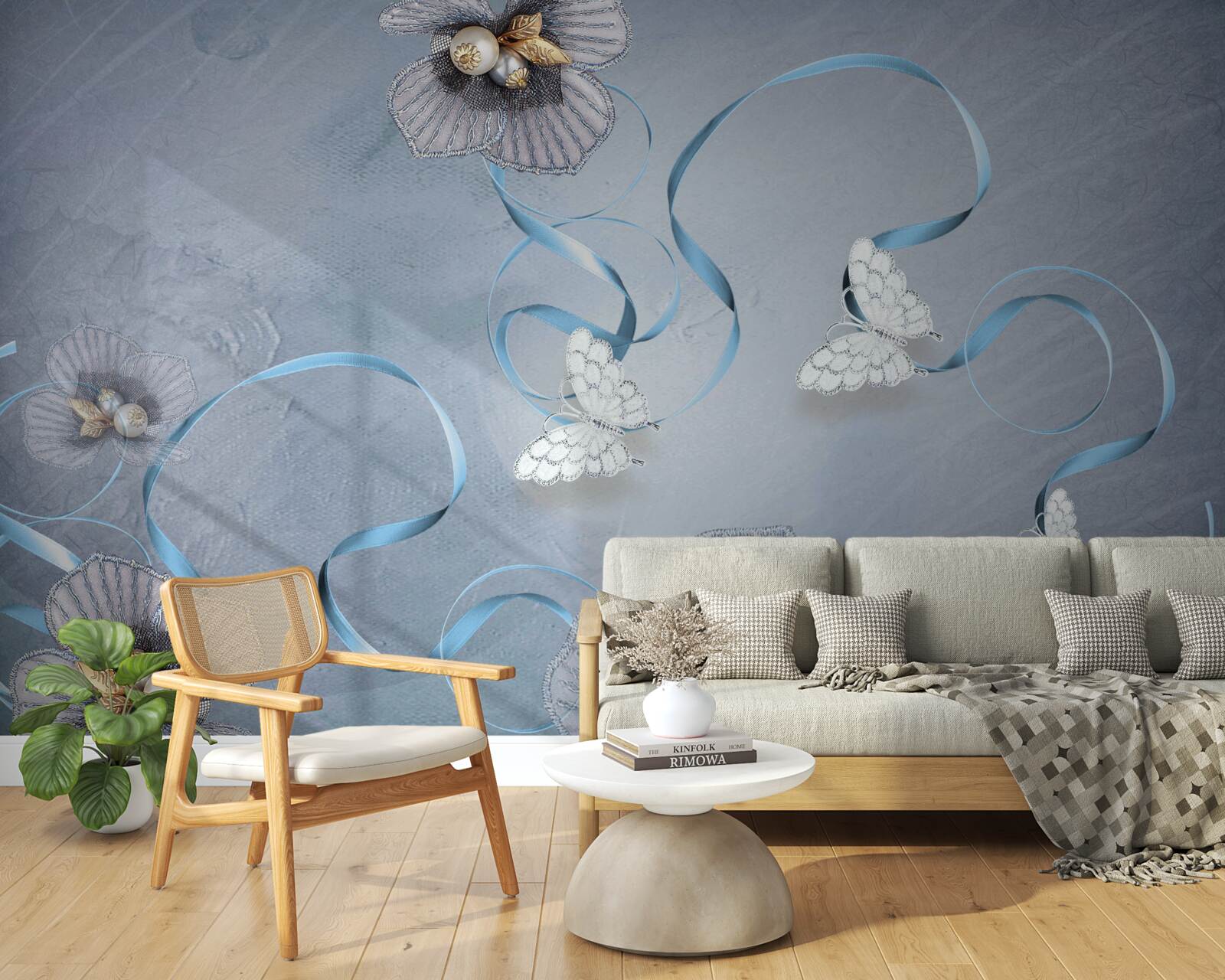 Fototapeta Śnieżnobiałe motyle i kwiaty ozdobione perłami