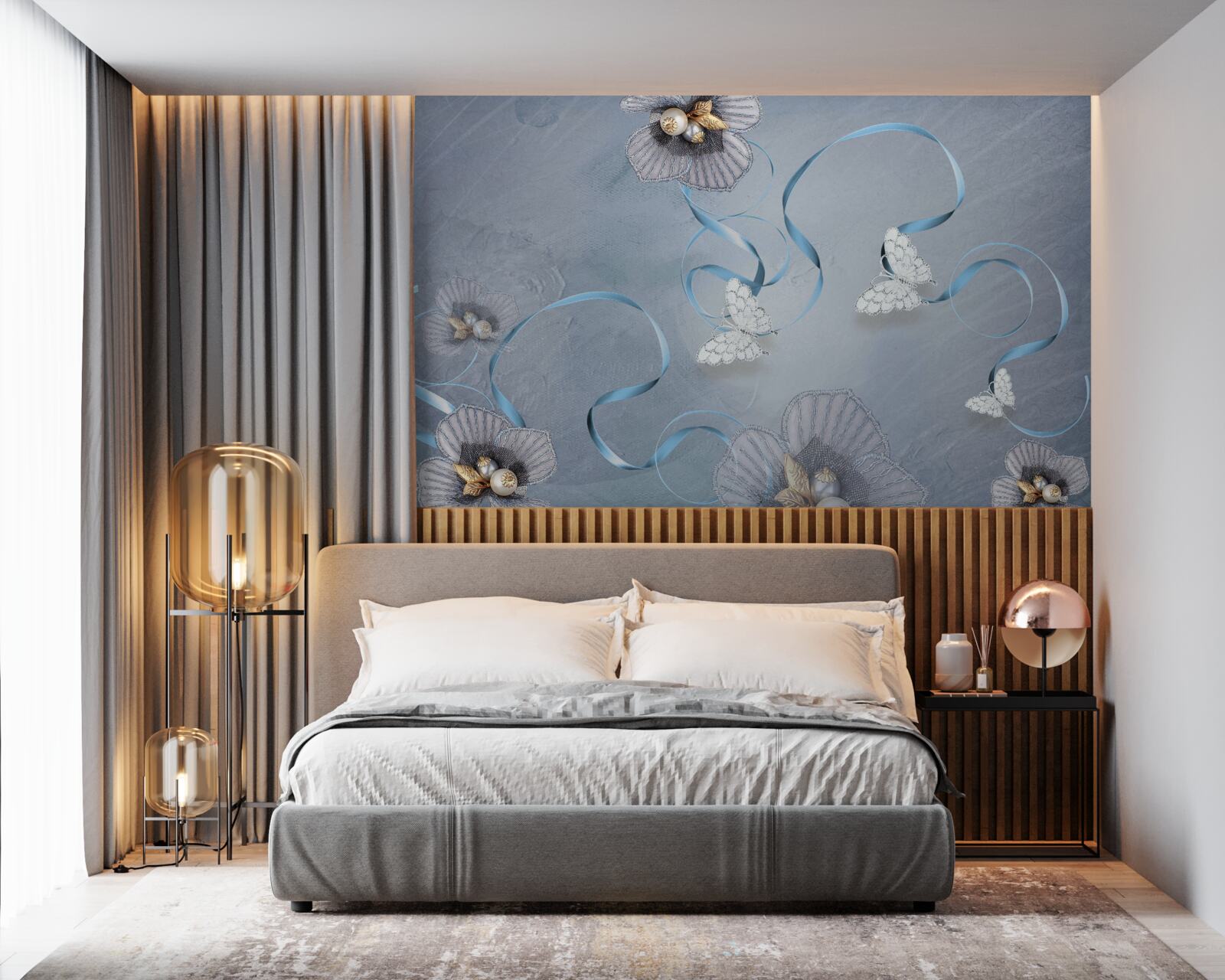 Fototapeta Śnieżnobiałe motyle i kwiaty ozdobione perłami