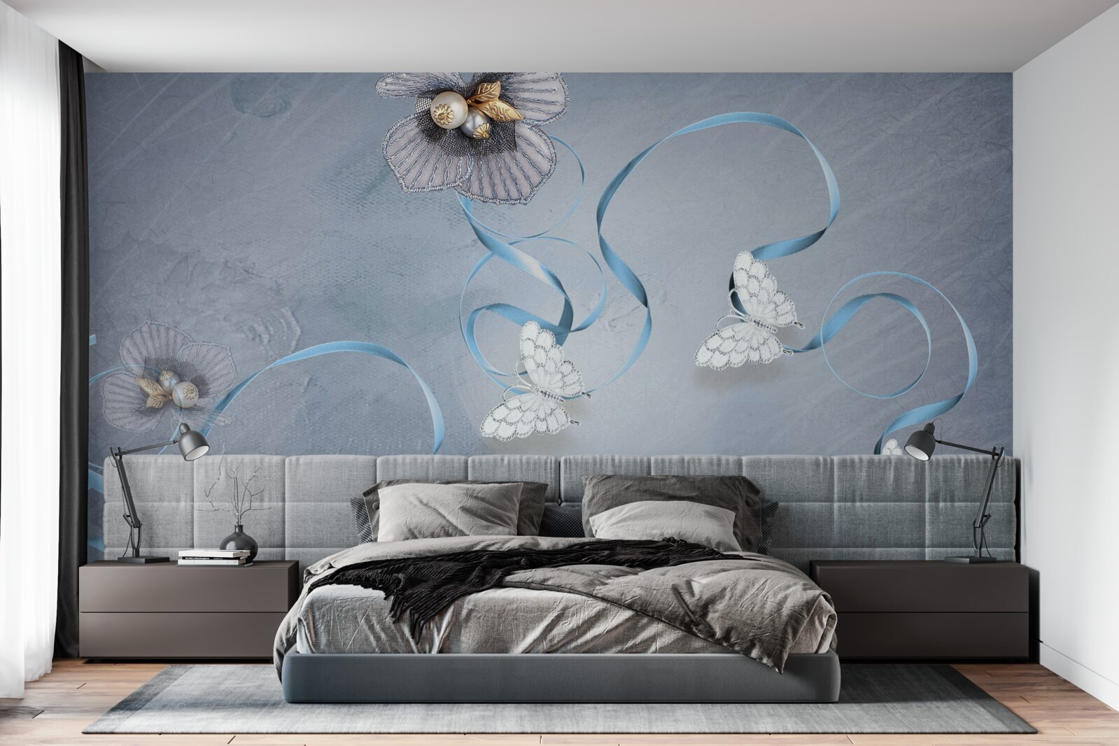 Fototapeta Śnieżnobiałe motyle i kwiaty ozdobione perłami