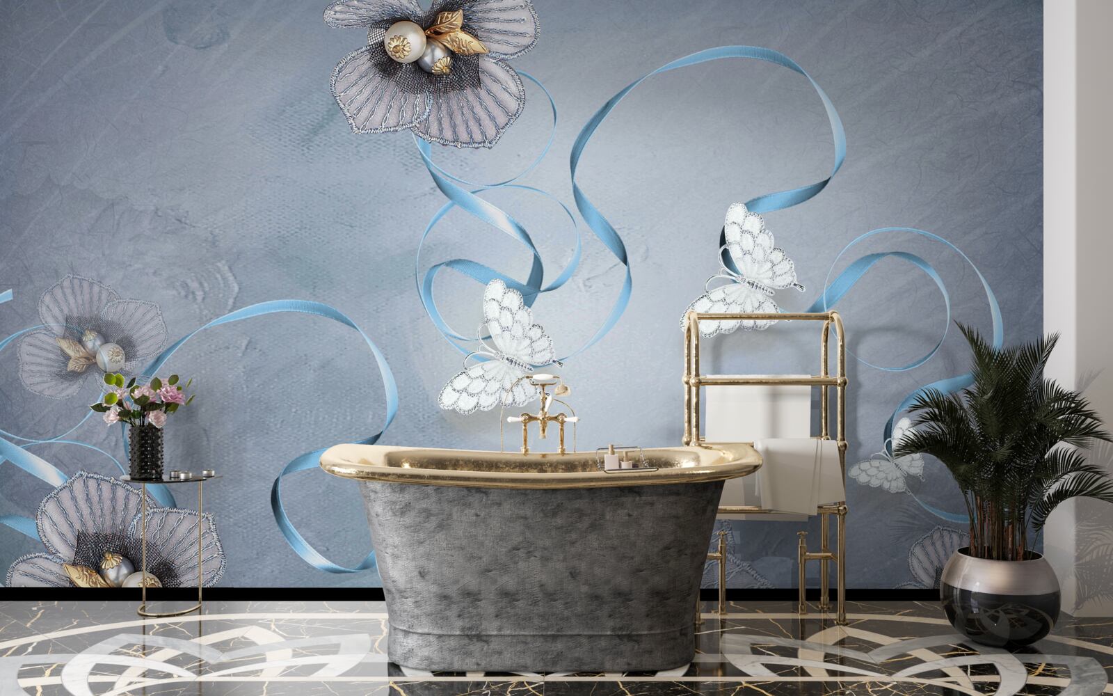 Fototapeta Śnieżnobiałe motyle i kwiaty ozdobione perłami