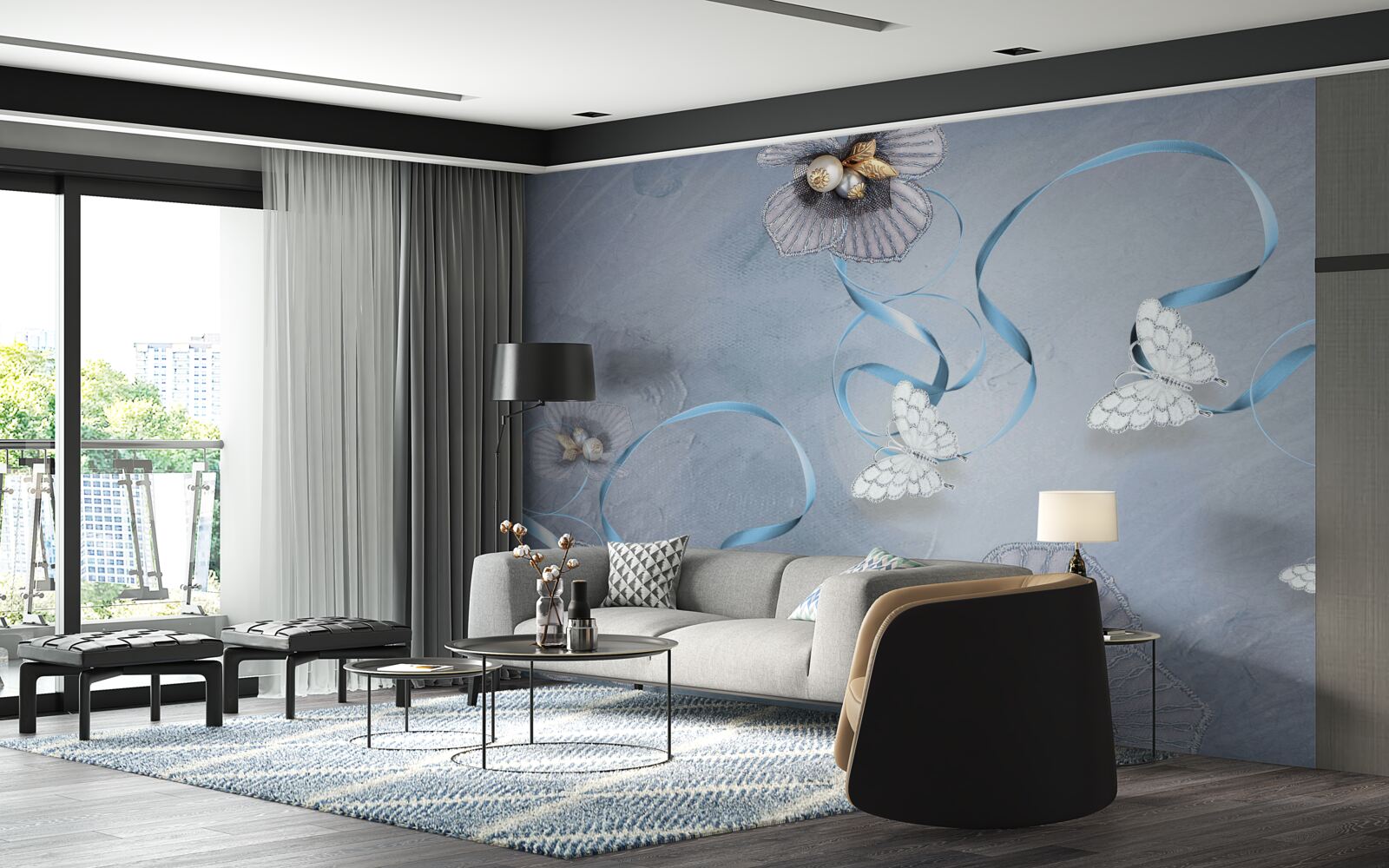 Fototapeta Śnieżnobiałe motyle i kwiaty ozdobione perłami