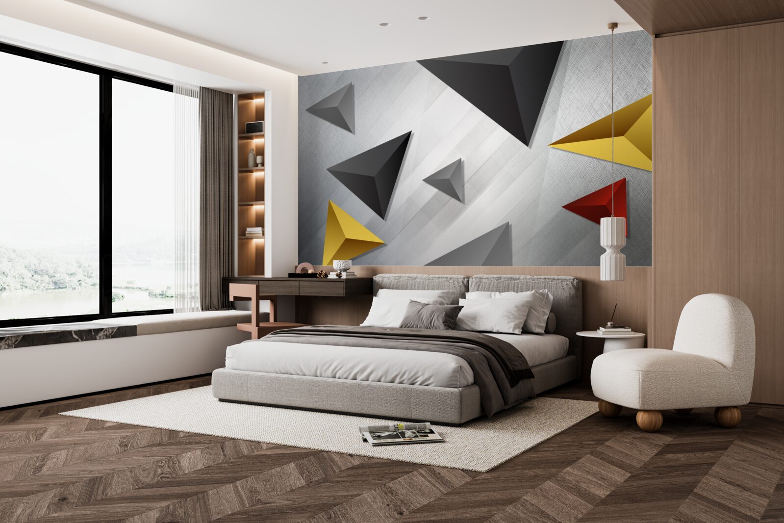 Fototapeta trójkąty o różnych odcieniach unoszące się w powietrzu