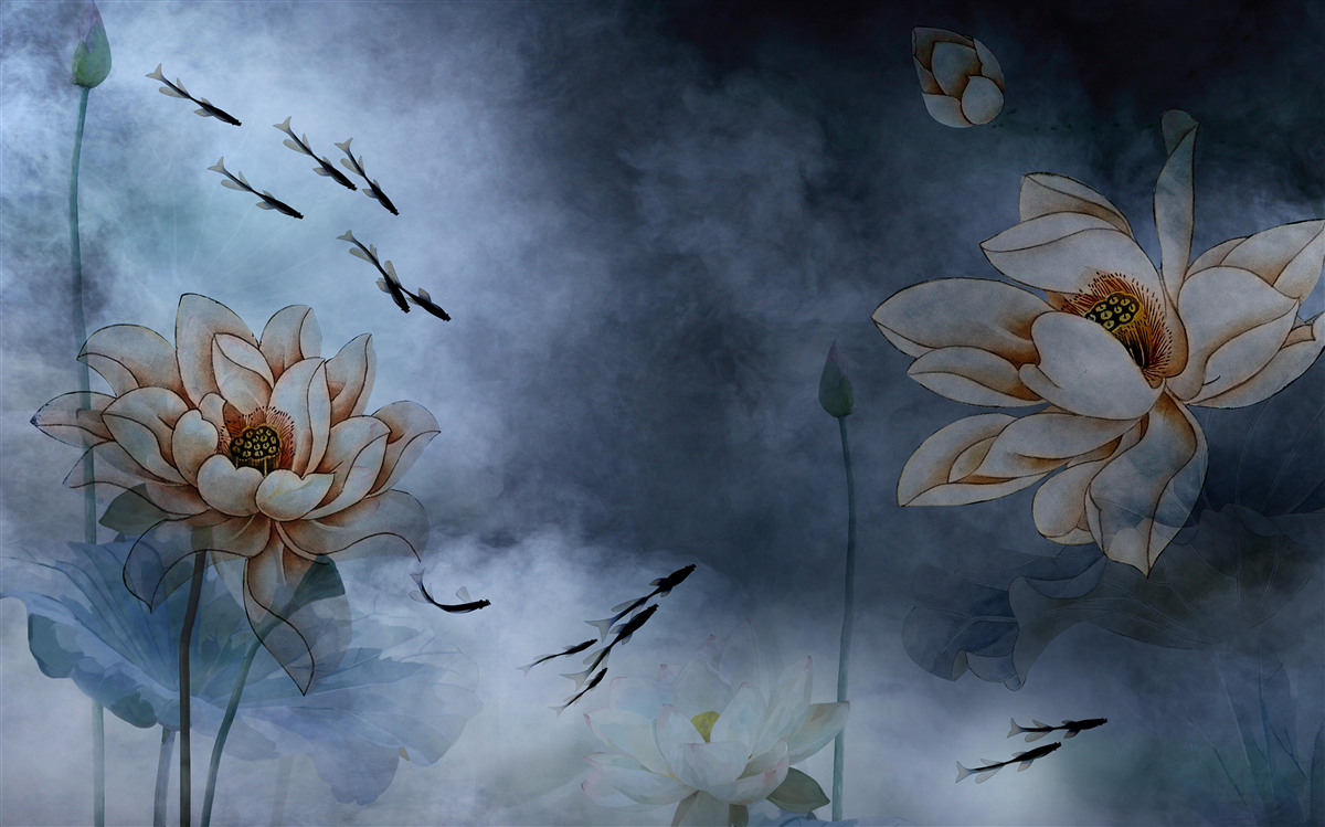 Fototapeta kwiaty z pluskającymi się wokół nich rybami