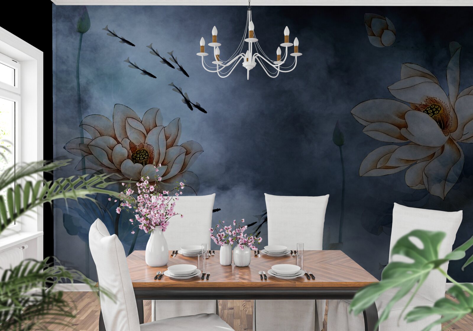 Fototapeta kwiaty z pluskającymi się wokół nich rybami