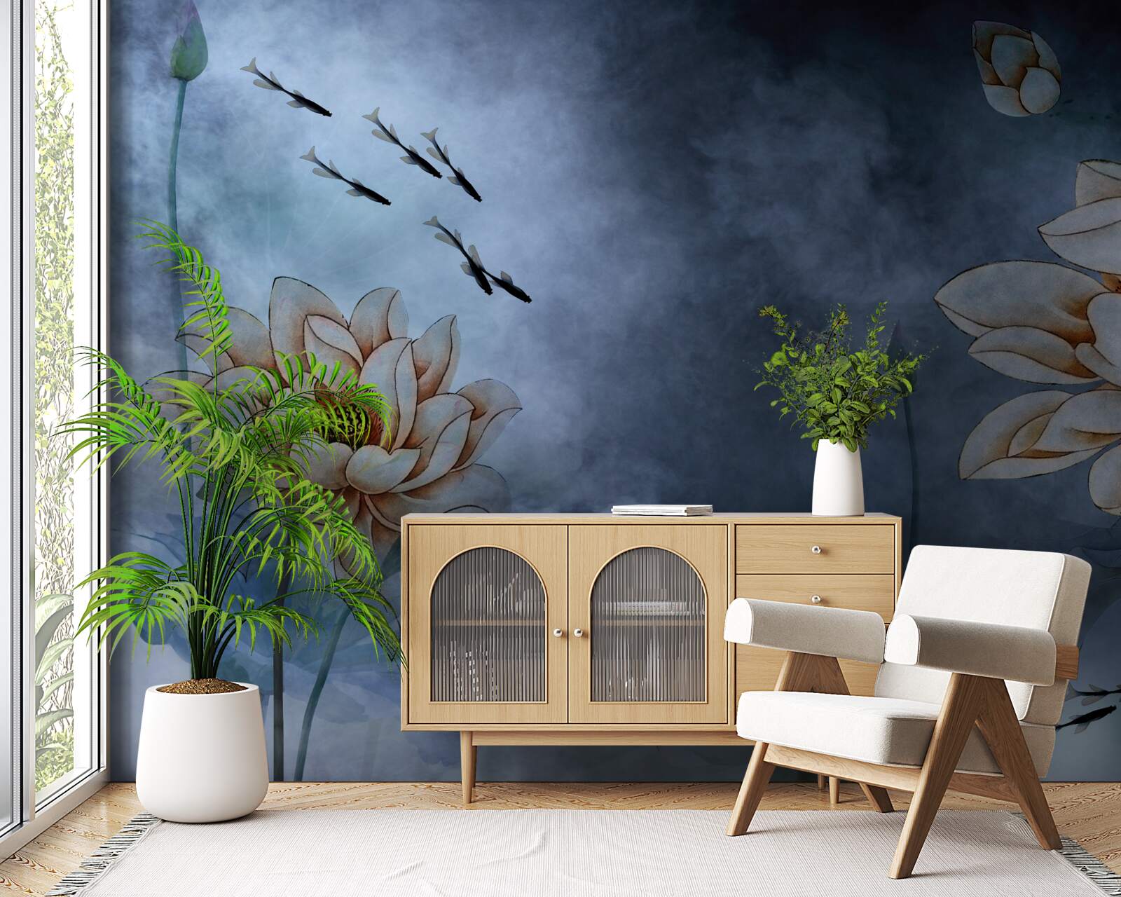 Fototapeta kwiaty z pluskającymi się wokół nich rybami