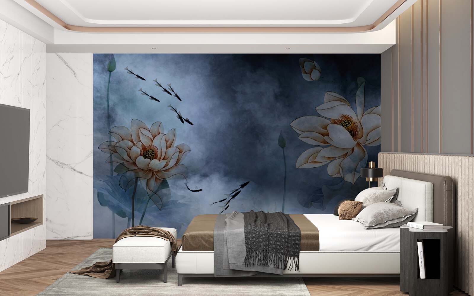 Fototapeta kwiaty z pluskającymi się wokół nich rybami