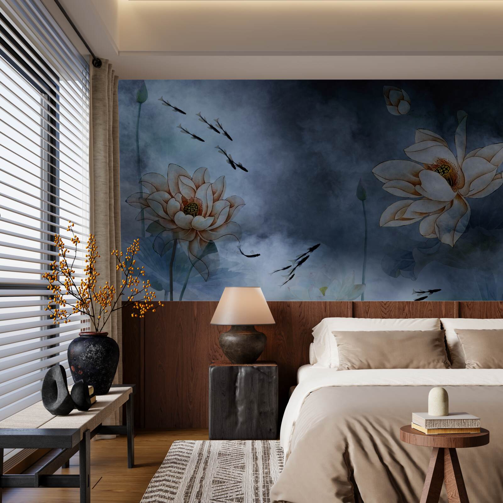 Fototapeta kwiaty z pluskającymi się wokół nich rybami