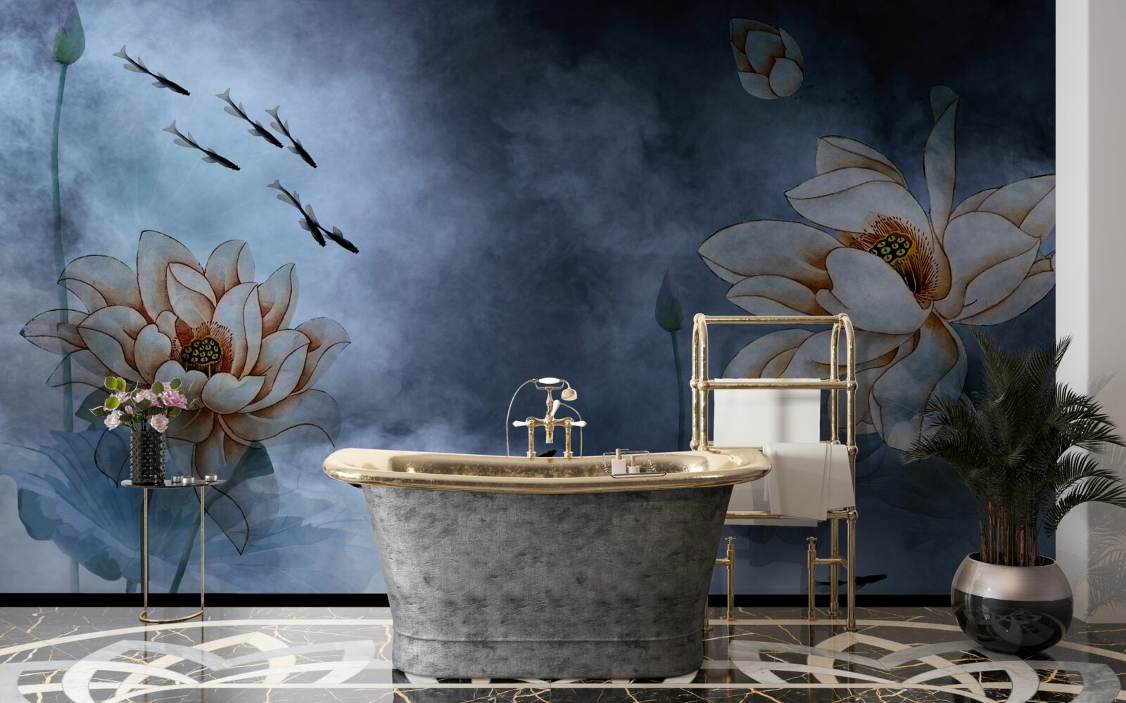 Fototapeta kwiaty z pluskającymi się wokół nich rybami