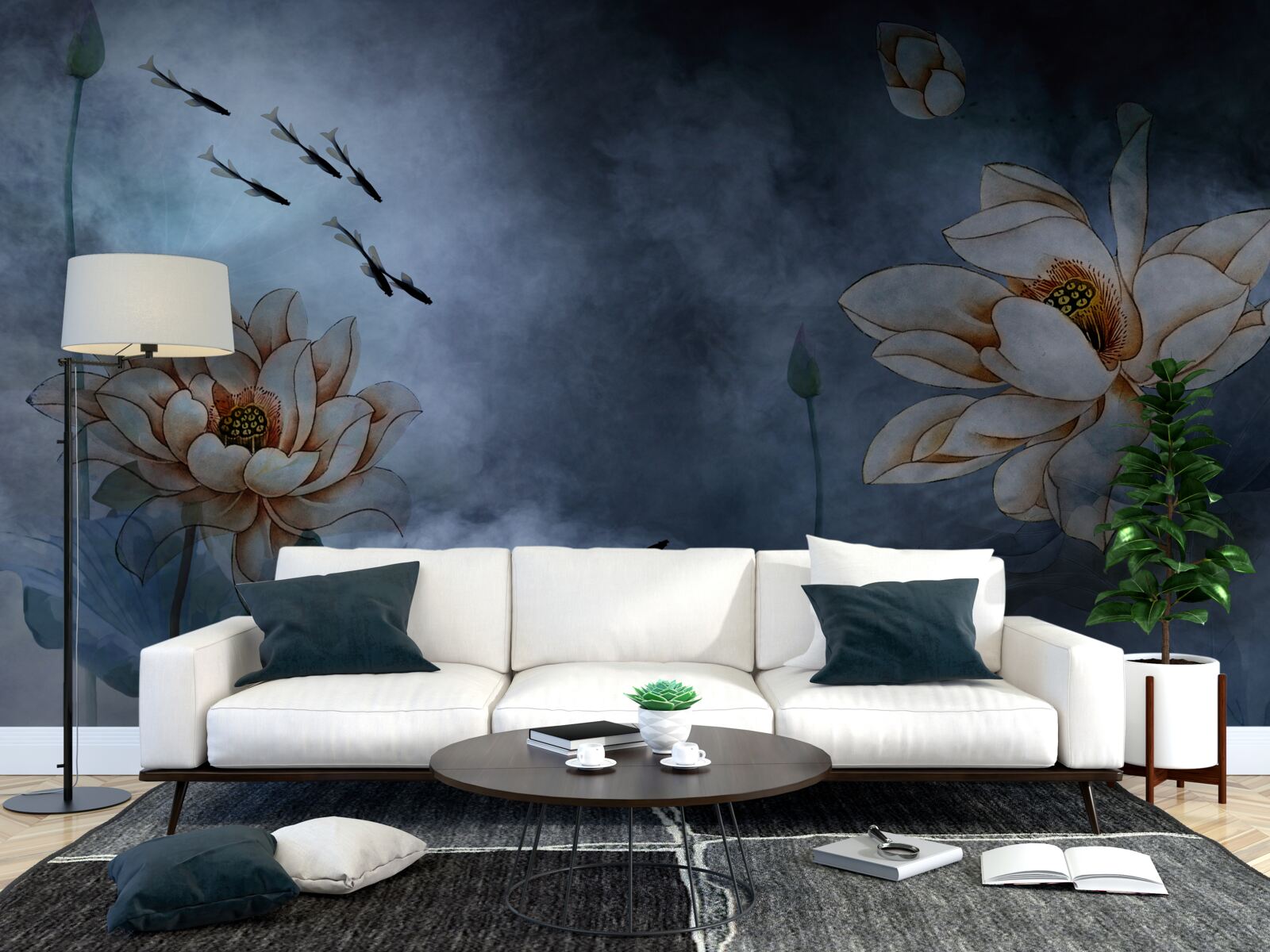 Fototapeta kwiaty z pluskającymi się wokół nich rybami