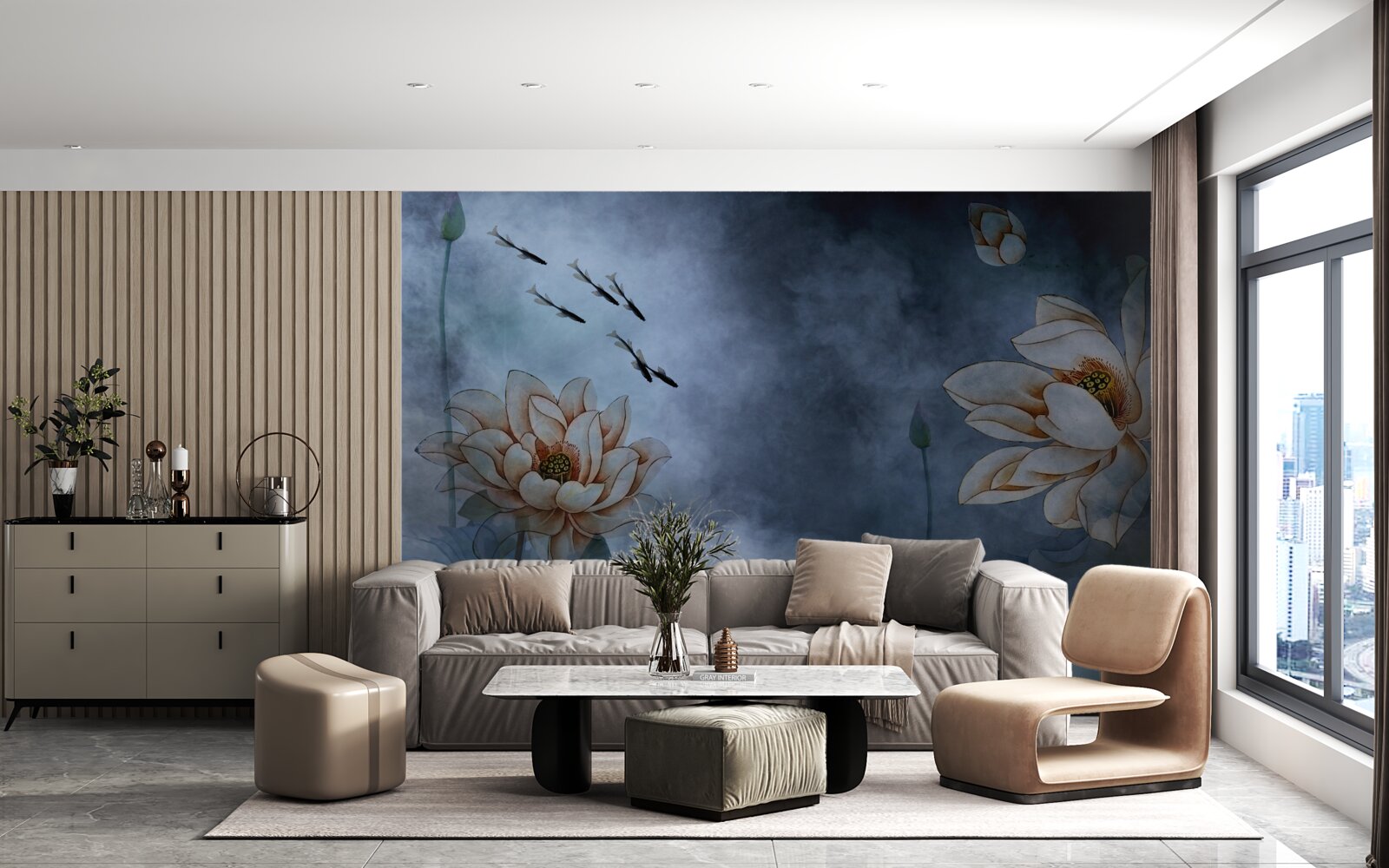 Fototapeta kwiaty z pluskającymi się wokół nich rybami