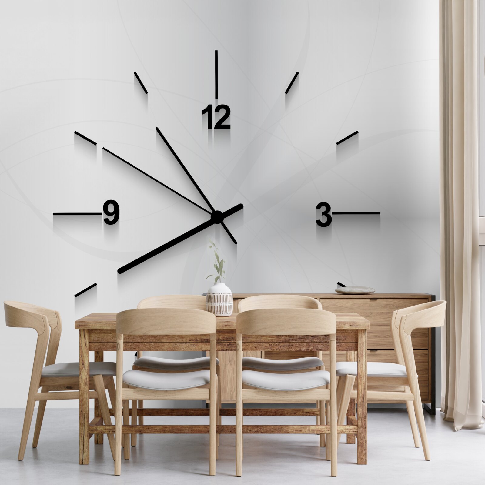 Fototapeta na ścianie wisi srebrny zegar z czterema cyframi