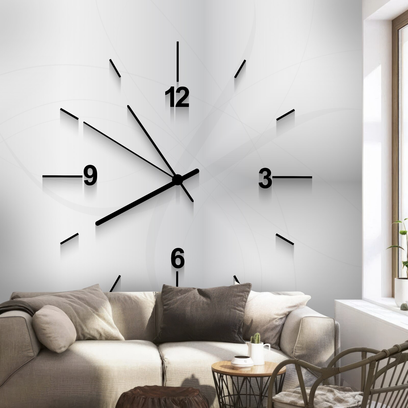 Fototapeta na ścianie wisi srebrny zegar z czterema cyframi