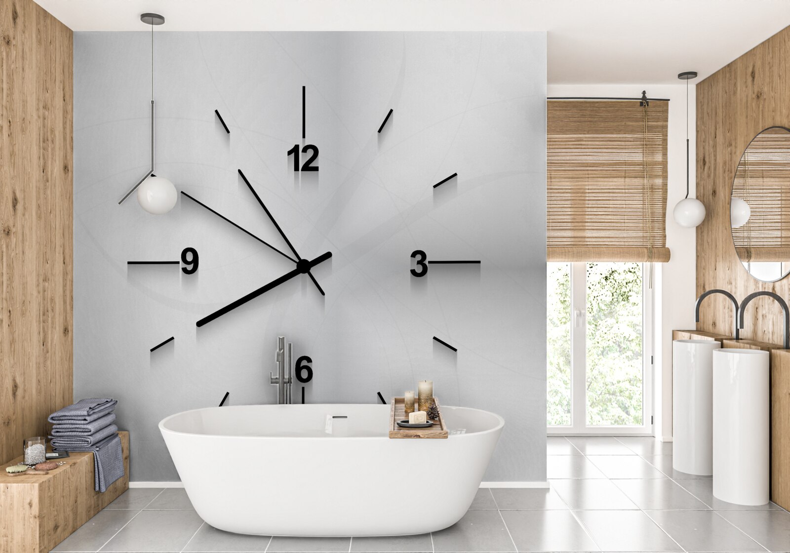 Fototapeta na ścianie wisi srebrny zegar z czterema cyframi