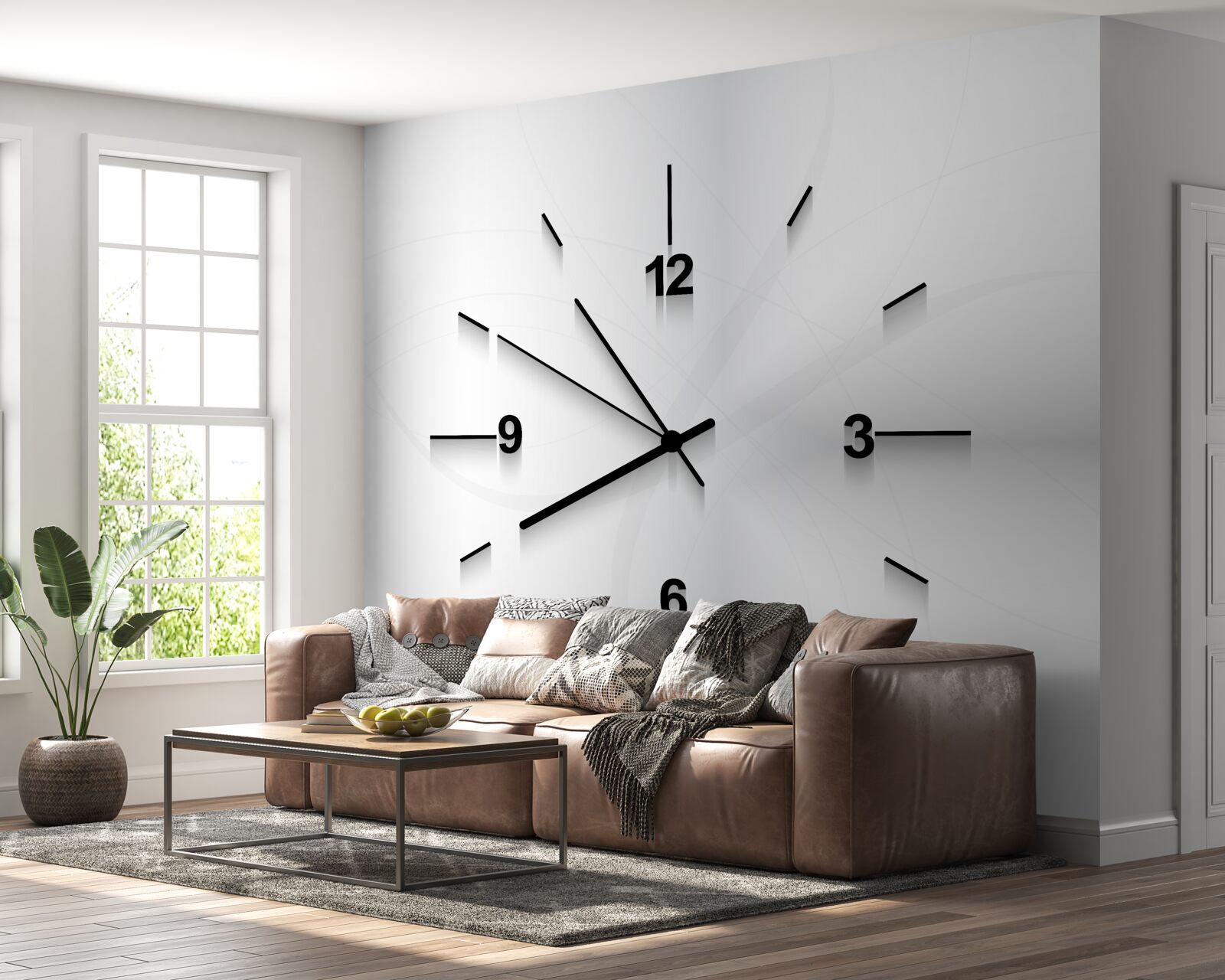 Fototapeta na ścianie wisi srebrny zegar z czterema cyframi