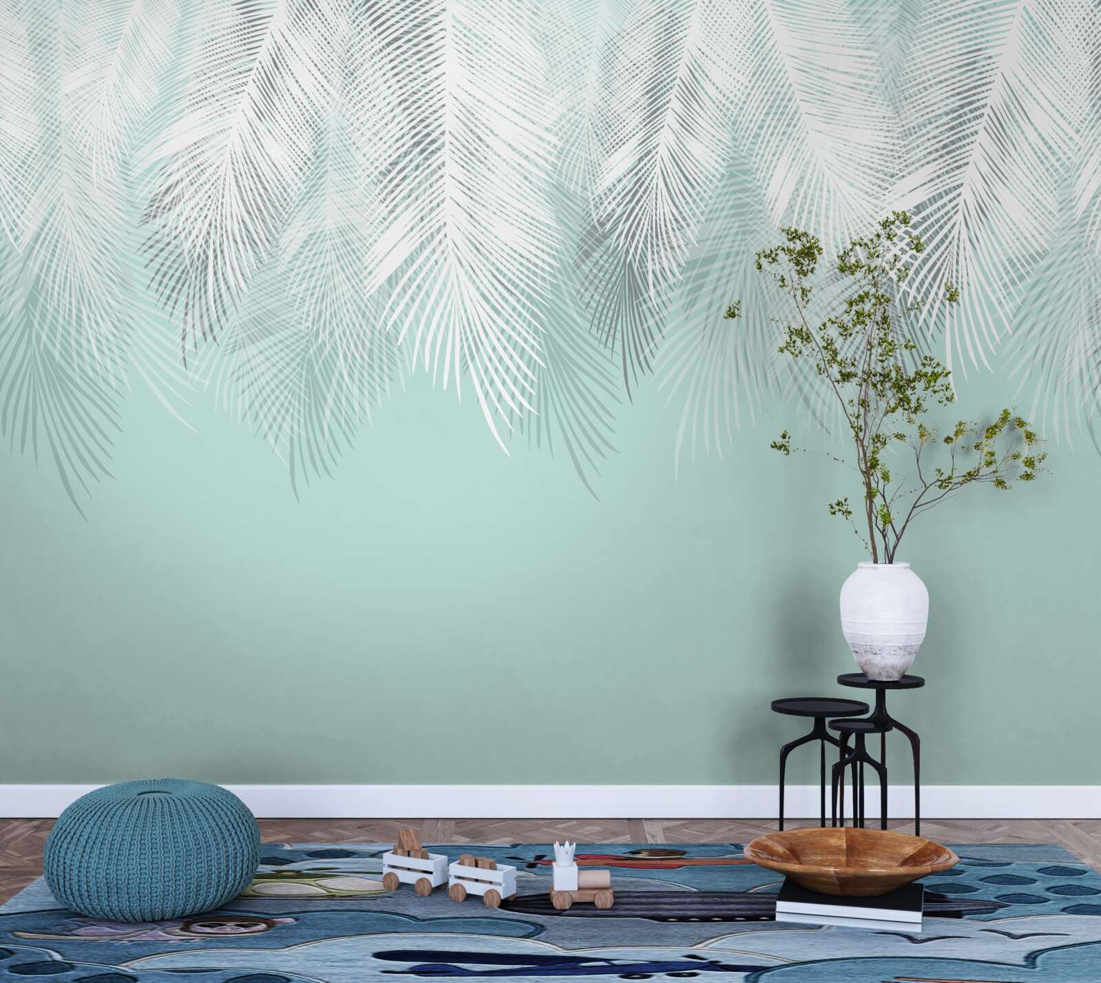 Fototapeta liście palmowe są białe na turkusowym tle