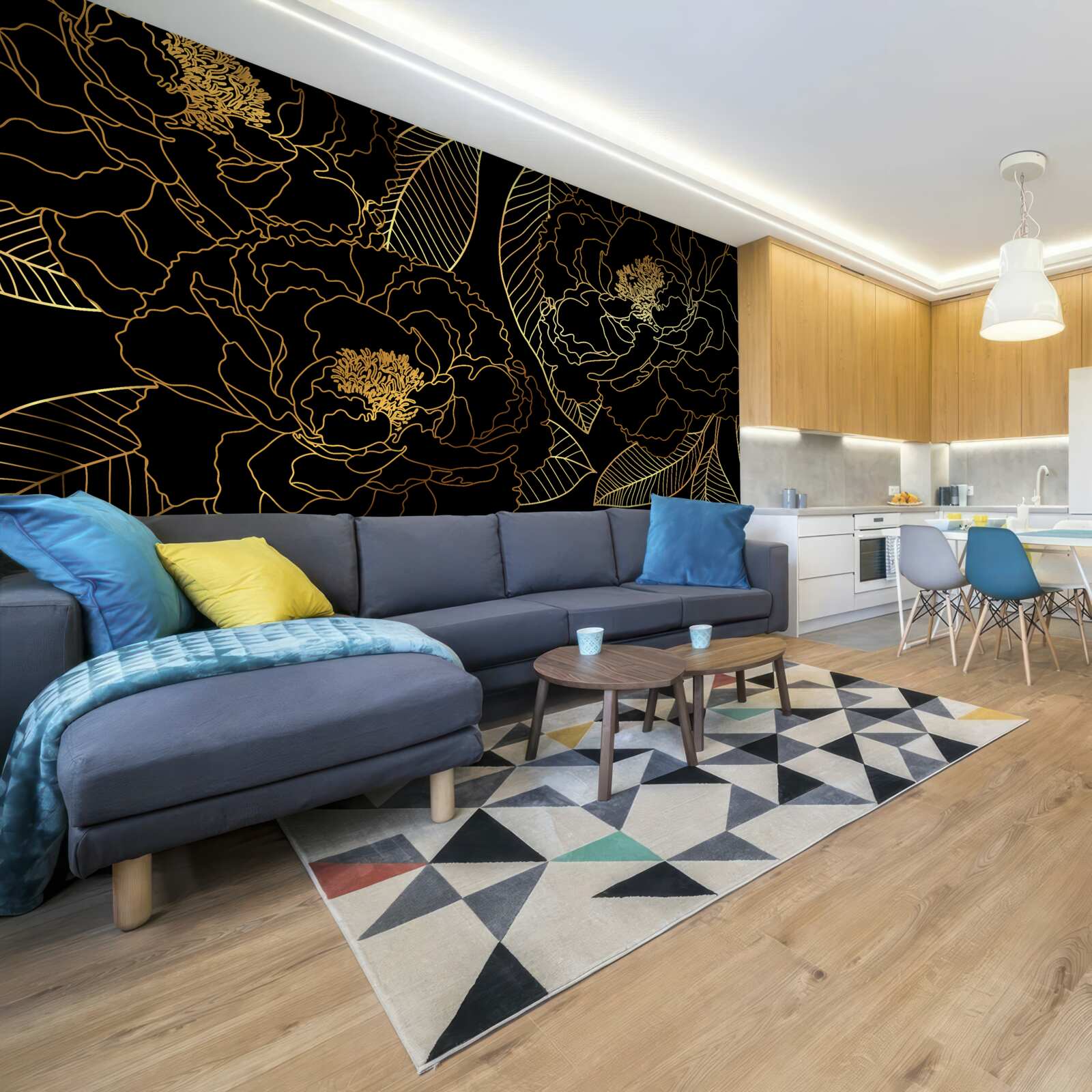 Fototapeta tekstura liści i kwiatów, cieniowana złotem